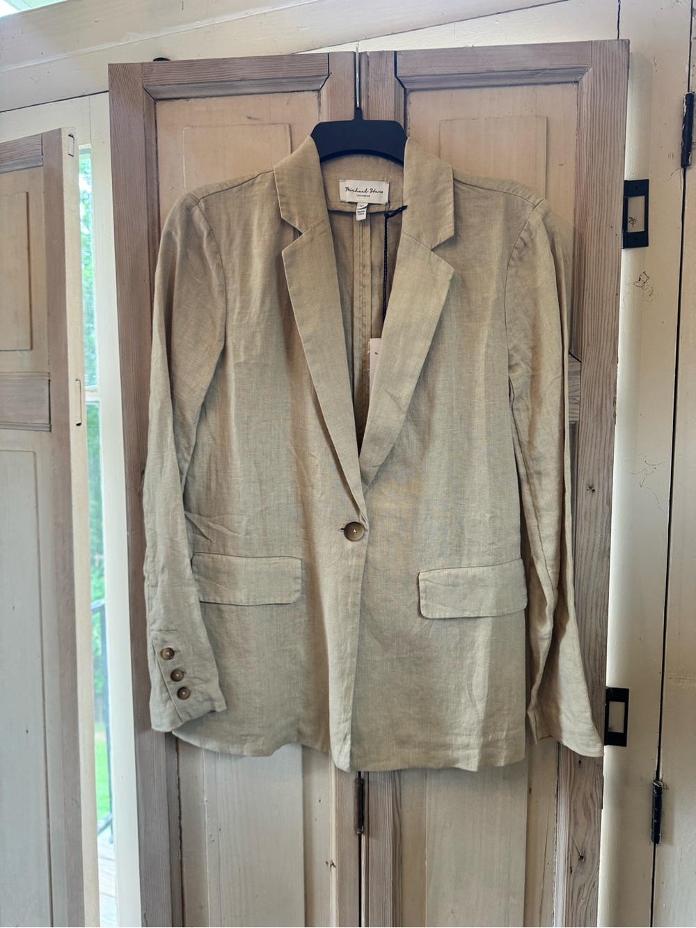 Michael Stars Linen-Blend Beige Single-Button Blazer